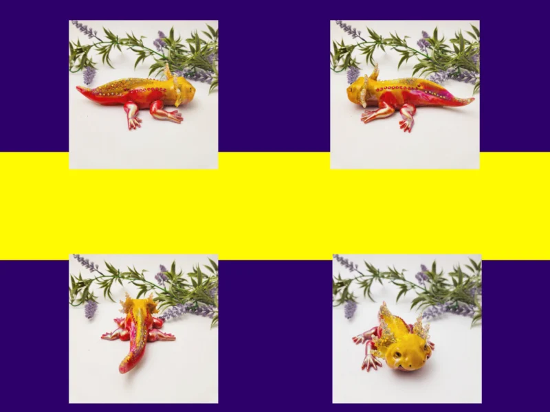 Multi-angle grid of handmade Sparkle Axolotl figurine