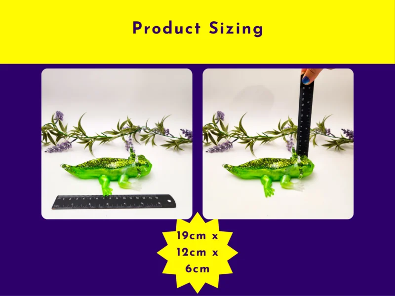 Product sizing photo showing ruler measurements of the axolotl figurine.