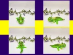 Collage of green axolotl product photos arranged in a purple and yellow Kirnix layout.