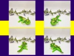 Collage of green axolotl product photos arranged in a purple and yellow Kirnix layout.