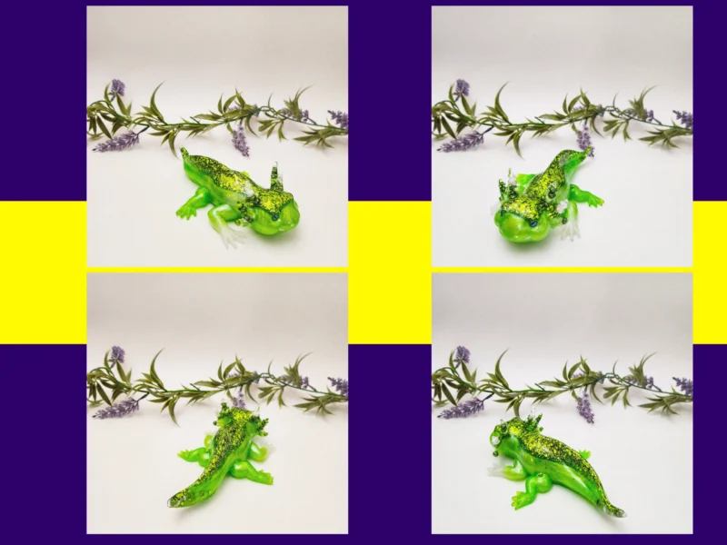 Collage of green axolotl product photos arranged in a purple and yellow Kirnix layout.