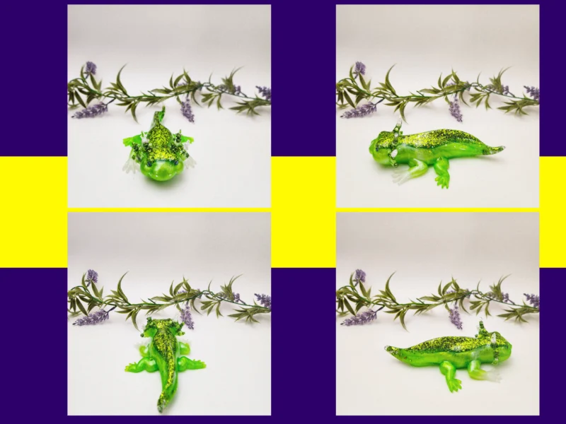 Collage of green axolotl product photos arranged in a purple and yellow Kirnix layout.