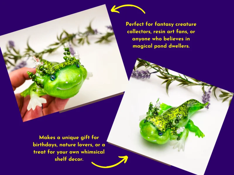 Fantasy-styled promotional graphic featuring the green axolotl with gift-idea text.