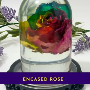 Close-up of the encased rose resin dome with a purple banner reading “ENCASED ROSE” at the bottom.
