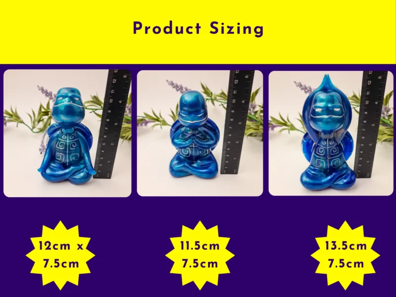 “Size chart for the OOAK resin turtle set showing the three blue Zen turtles with measurements ranging from 11.5 cm to 13.5 cm.”