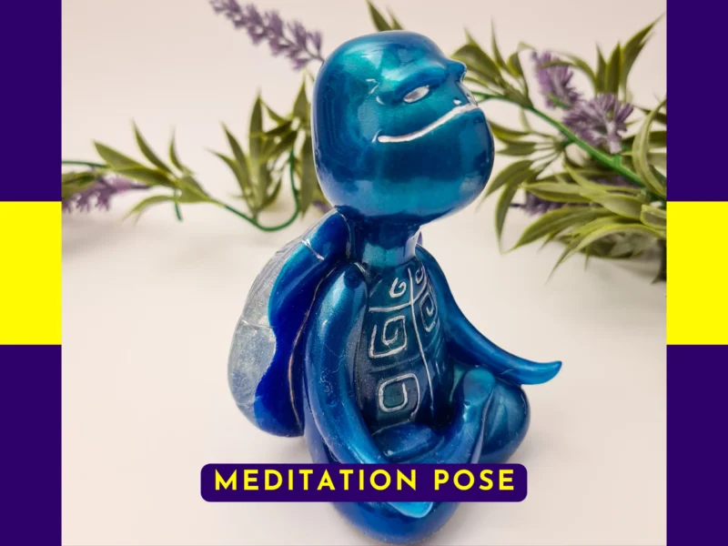 “Front-facing hero image of the Meditation Pose blue Zen turtle made from shimmering Spoxy resin.”