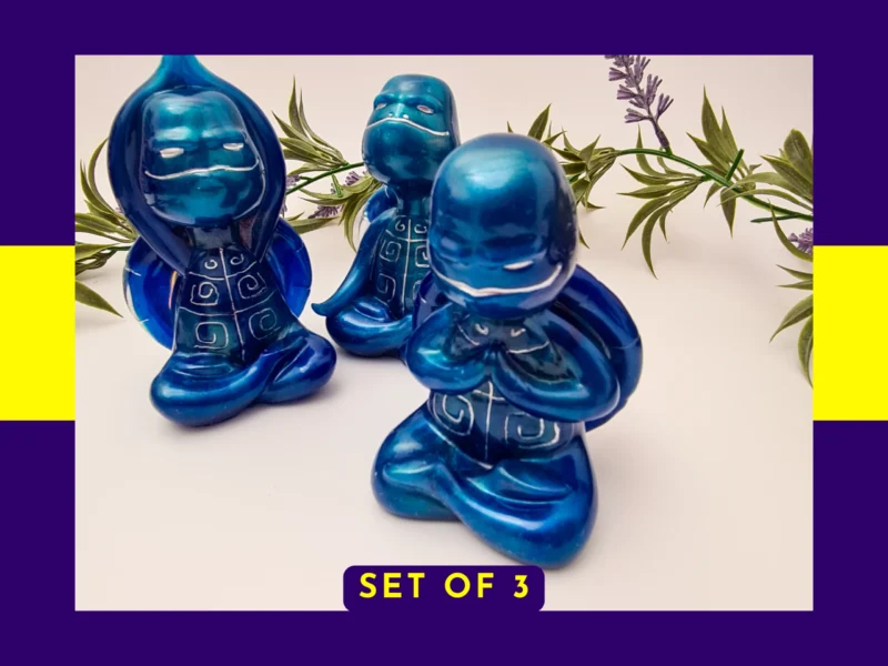 “OOAK resin turtle set shown together in Meditation, Calming and Stretch poses with a metallic blue finish.”