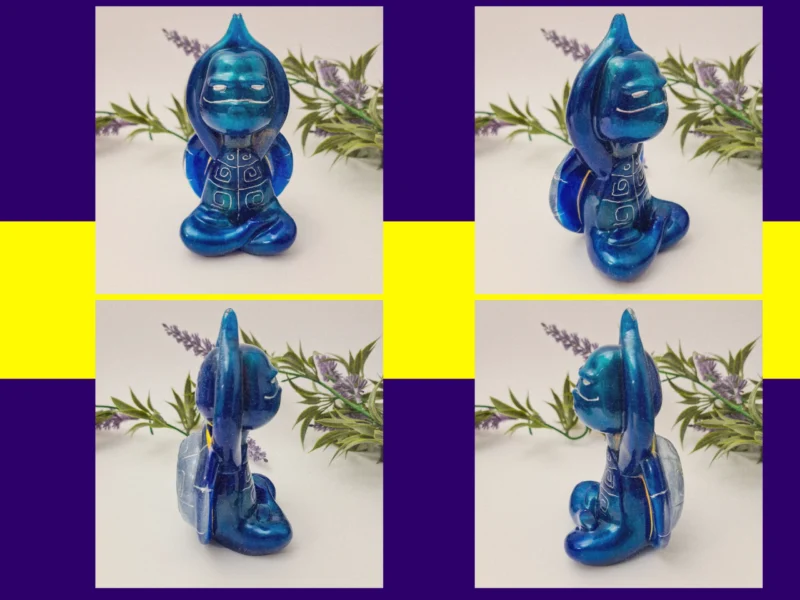 “Four-angle gallery of the Stretch Pose blue Zen turtle showing its tall pose and deep metallic blue Spoxy resin finish.”