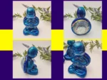 “Four-angle gallery of the Calming Pose blue Zen turtle with engraved shell markings, part of the OOAK resin turtle set.”