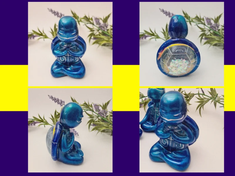 “Four-angle gallery of the Calming Pose blue Zen turtle with engraved shell markings, part of the OOAK resin turtle set.”