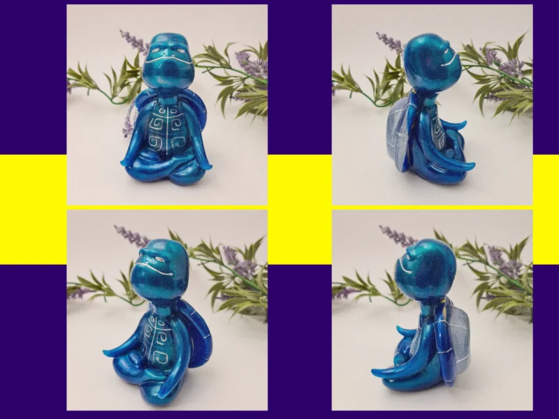 “Four-angle gallery of the Meditation Pose blue Zen turtle, showing front, back, and side views of the OOAK Spoxy resin figurine.”