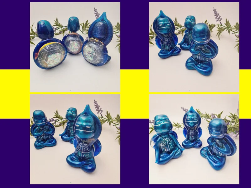 “Four-angle gallery of the Calming Pose blue Zen turtle with engraved shell markings, part of the OOAK resin turtle set.”