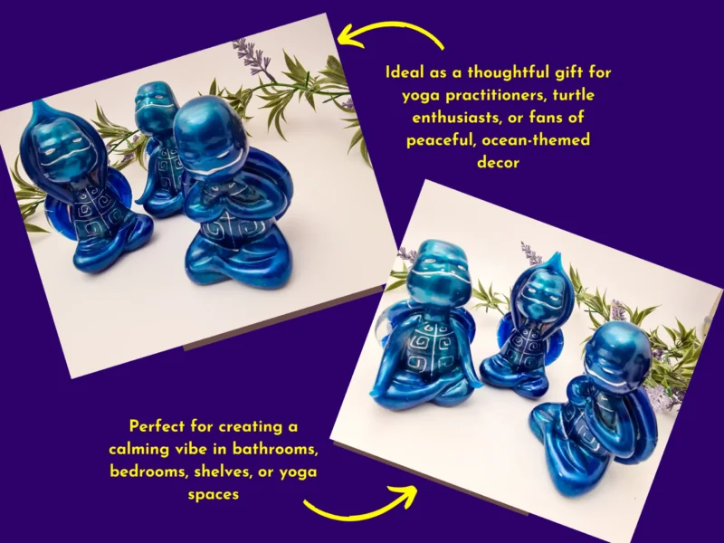 “Lifestyle images of the OOAK blue resin Zen turtles with text describing them as thoughtful gifts and peaceful décor for shelves or yoga spaces.”
