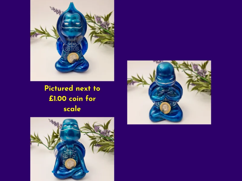 “Blue Spoxy resin Zen turtle shown next to a £1 coin for scale, part of an OOAK resin turtle set.”