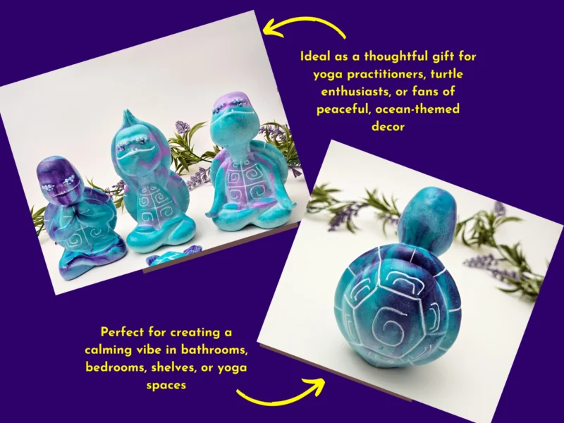 “Lifestyle images of the one-of-a-kind Aqua Zen Turtle Trio with text describing them as ideal gifts and calming décor for shelves, bathrooms or yoga spaces.”