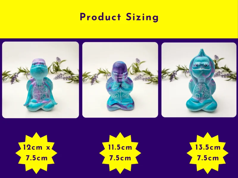 “Aqua Zen Turtle Trio size chart showing the Meditation, Calming and Stretch poses with heights ranging from 11.5 cm to 13.5 cm.”