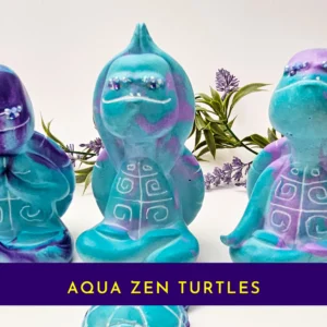 “The full Aqua Zen Turtle Trio displayed together, showing all three OOAK figurines in their unique zen poses.”