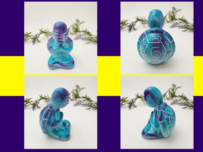 “Four-angle gallery of the Stretch Pose Aqua Zen Turtle highlighting its tall pose, teal-purple resin swirl and detailed shell artwork.”