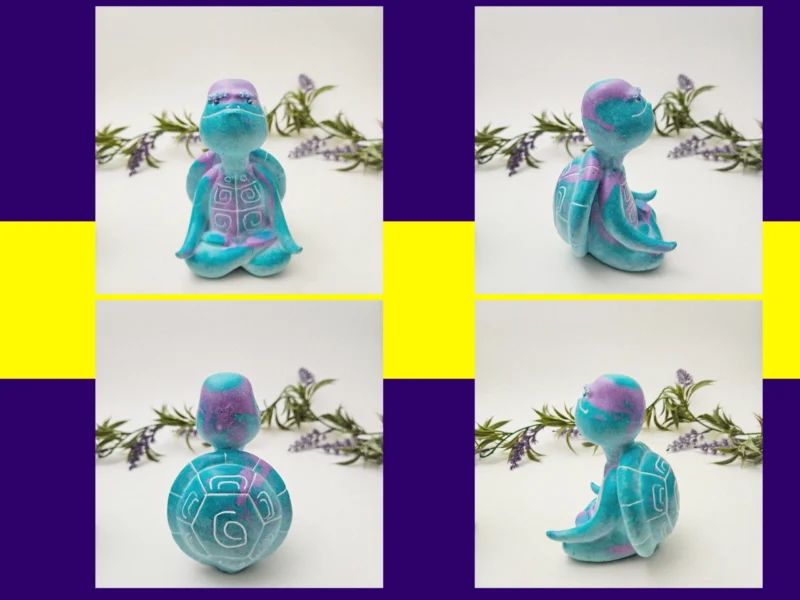 “Four-angle gallery of the Calming Pose Aqua Zen Turtle, showing its unique purple head shading and hand-painted shell patterns.”