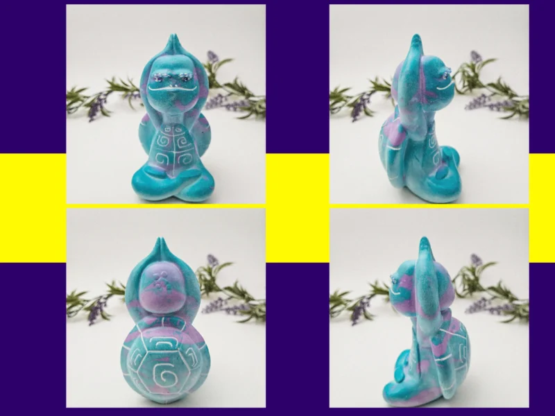 “Four-angle gallery of the Meditation Pose Aqua Zen Turtle showing front, back, left and right views in teal and purple resin.”