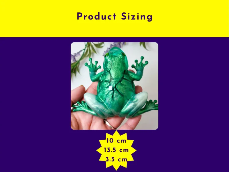 “Size guide showing measurements of the OOAK green crackle resin frog with hand for scale.”