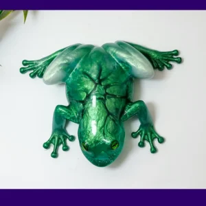 “Top-down view of the OOAK green crackle resin frog displaying emerald crackle pattern and silver highlights.”