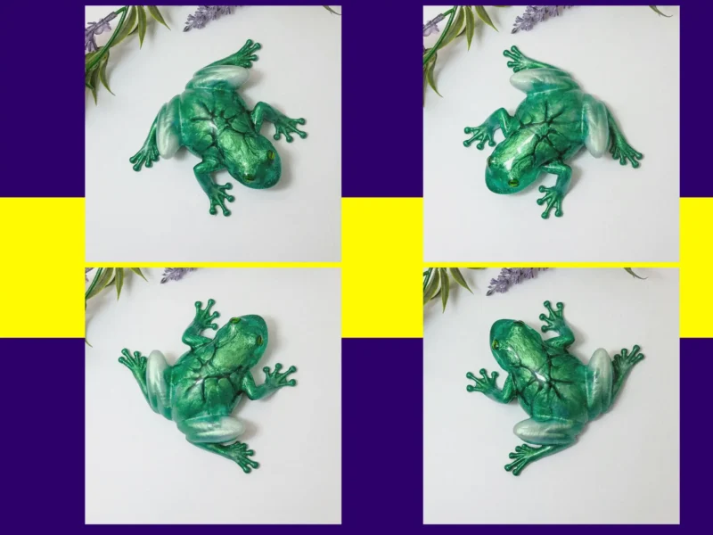 “Alternate four-angle gallery of the OOAK green crackle resin frog displaying full body and limb details.”