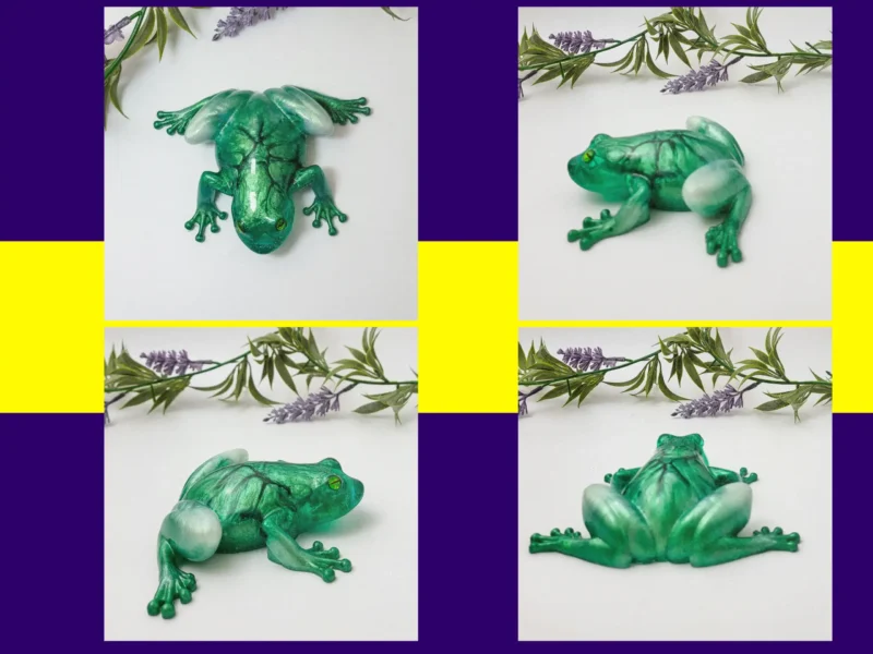 “Four-angle image set of the OOAK green crackle resin frog showing top, side and angled views.”