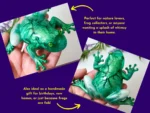 KC-FG-EMRFROG-OOAK018. kirnix ideal for “Lifestyle collage of the OOAK green crackle resin frog with captions describing its handmade resin finish and nature-themed décor appeal.”
