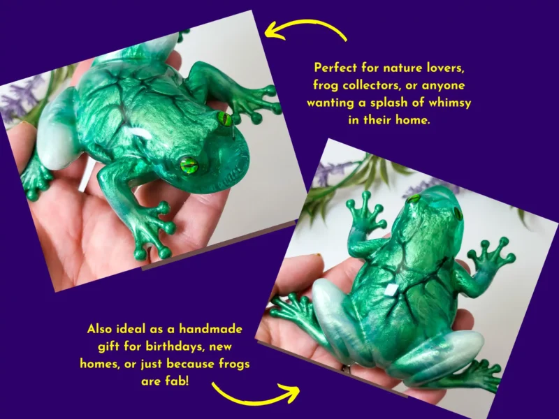 “Lifestyle collage of the OOAK green crackle resin frog with captions describing its handmade resin finish and nature-themed décor appeal.”