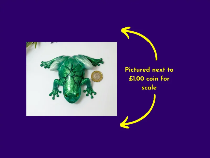 “OOAK green crackle resin frog shown beside a £1 coin to demonstrate scale.”