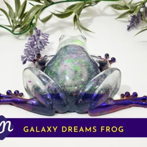 Rear view of the glittery resin frog showing the rounded back and outstretched purple legs; branded banner reads “GALAXY DREAMS FROG”.