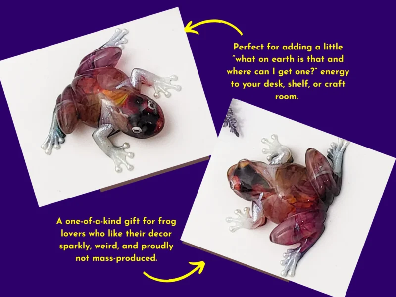 Promotional graphic on a purple background showing two tilted photos of the Bloom Frog; yellow text says it’s a one-of-a-kind, sparkly, not mass-produced gift, with arrows pointing at the images.