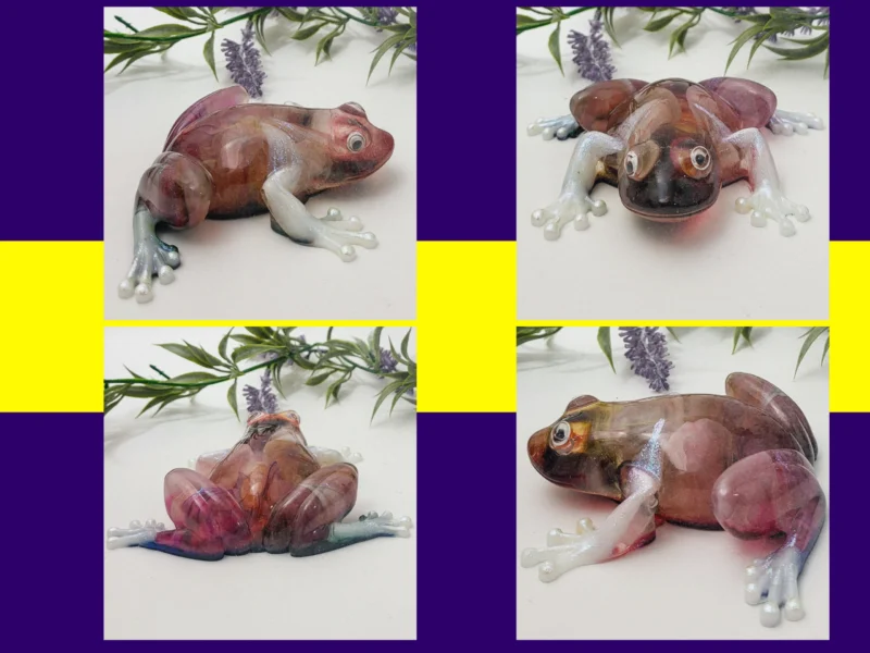 Four-image collage on purple and yellow branding showing the Bloom Frog from multiple angles (side, front, back, and three-quarter view), highlighting the marbled burgundy/plum resin and pearly legs.