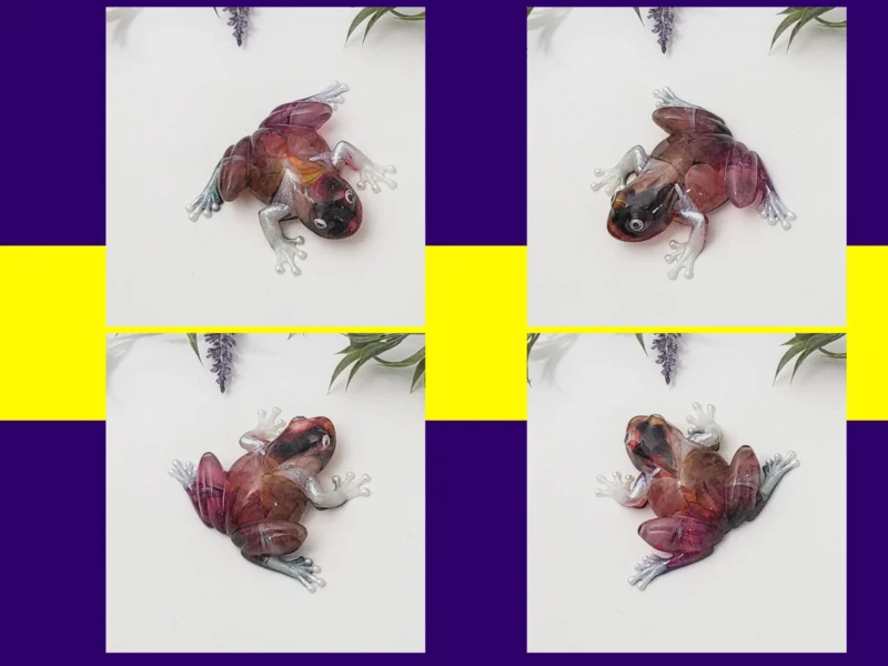 Four-image collage on purple and yellow branding showing the Bloom Frog from above at different angles, including a full top view and rotated positions to show the colour swirls and glossy finish.