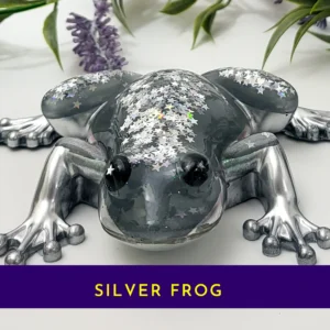 Front view of a silver and charcoal resin frog with star glitter, with a “Silver Frog” banner on a white background.