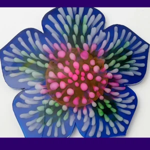 “Full top-down view of the firework bloom resin coaster displaying its symmetrical multicolour bloom pattern.”