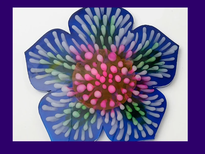 KC-HW-FBLOOM-OOAK012. Kirnix Listing Primary “Full top-down view of the firework bloom resin coaster displaying its symmetrical multicolour bloom pattern.”