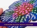 KC-HW-FBLOOM-OOAK013. Kirnix Listing with banner “Close-up view of the firework bloom resin coaster showing layered pink, green and white petal details.”