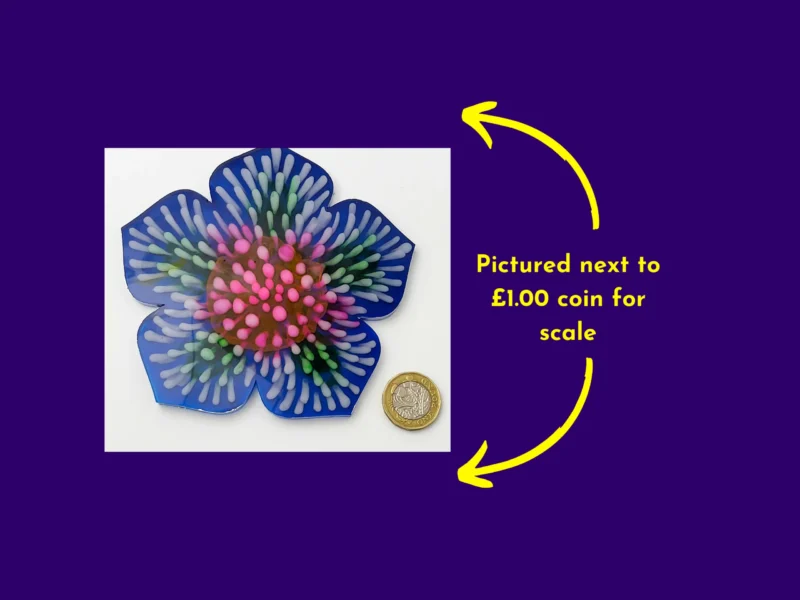 “Firework bloom resin coaster shown next to a £1 coin to demonstrate scale.”