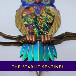 Banner-style image showing the owl’s lower half on a branch with teal tail feathers, with the text “THE STARLIT SENTINEL”.