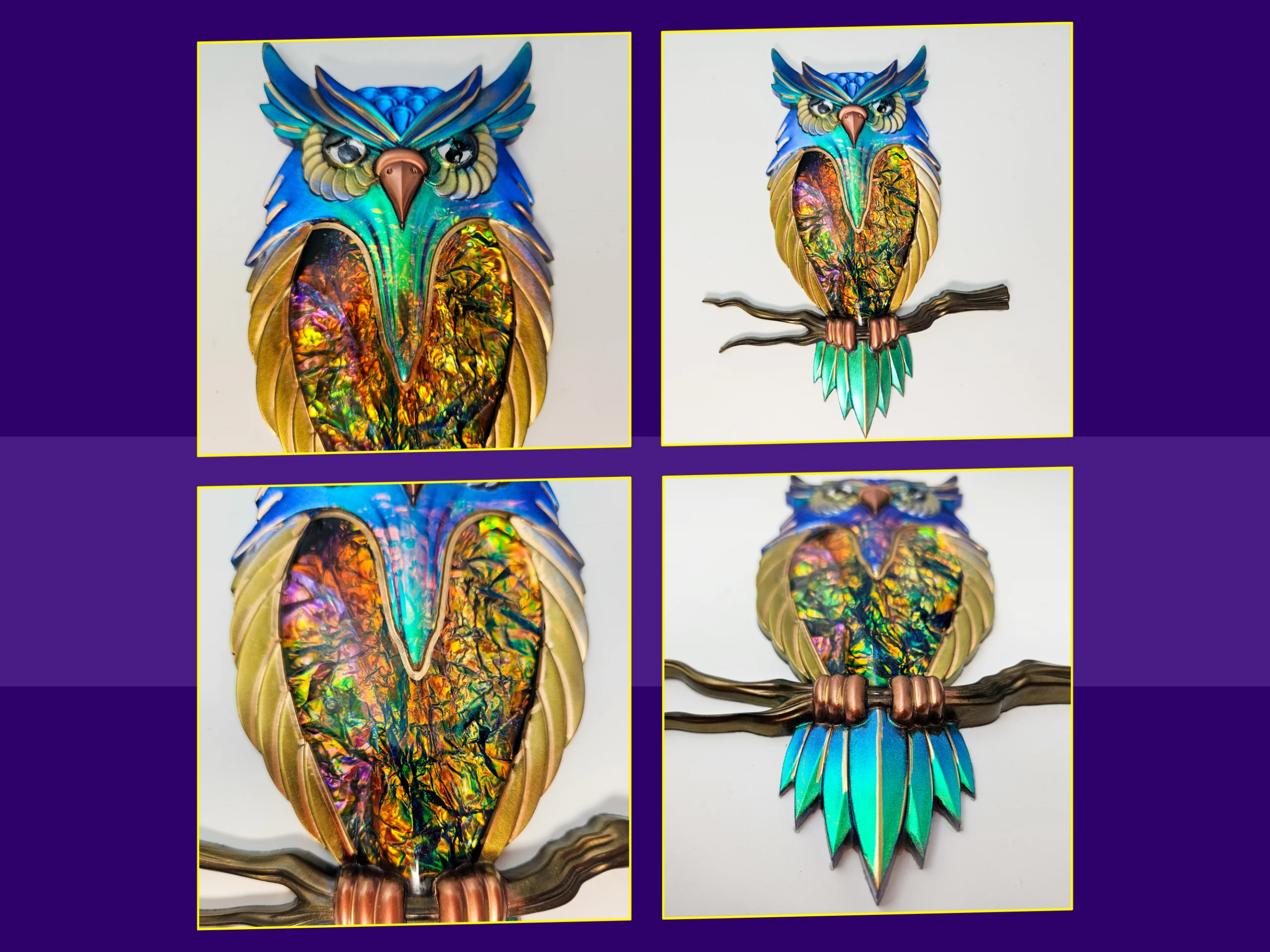 Collage of four photos showing the owl décor from different angles, including close-ups of the face, chest foil, and tail feathers.