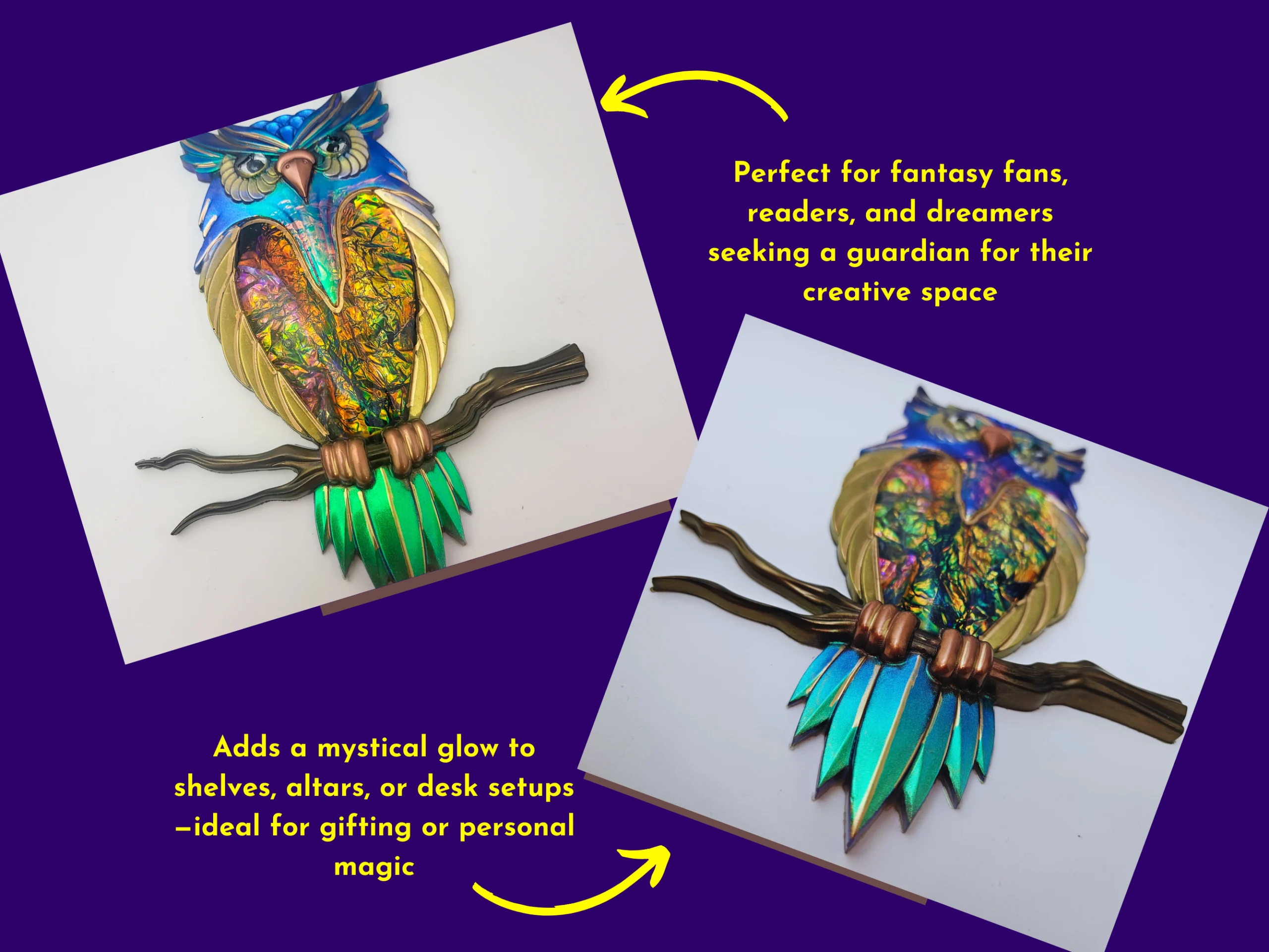 Styled collage showing two angled photos of the owl décor with text describing it as a fantasy-themed guardian for creative spaces.