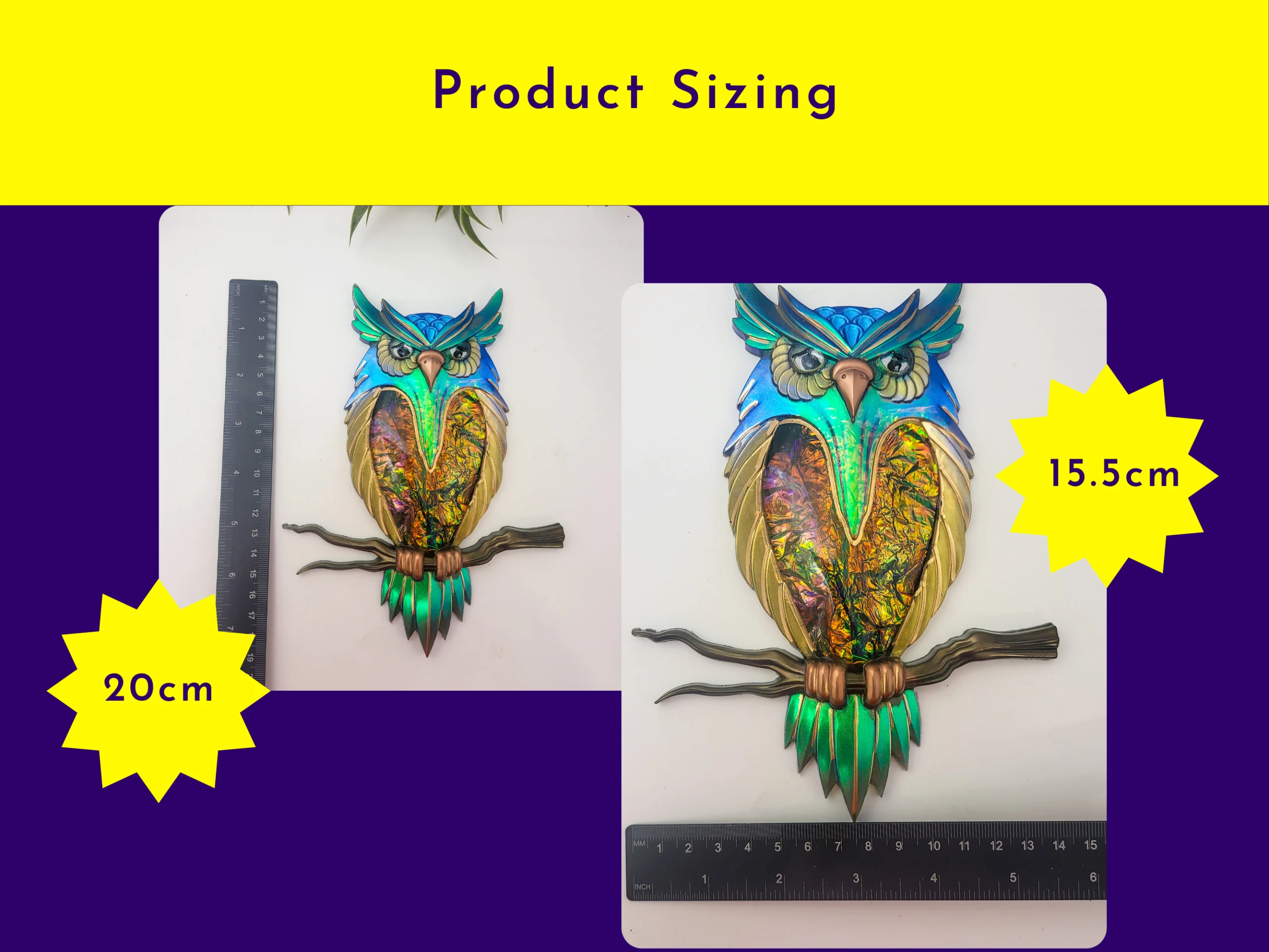 Product sizing graphic showing the owl next to rulers, labelled approximately 20cm tall and 15.5cm wide.