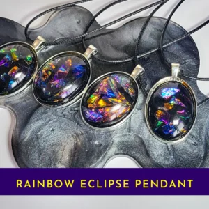 Four Rainbow Eclipse pendants on black cords with “RAINBOW ECLIPSE PENDANT” banner.