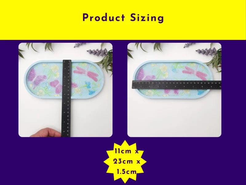 “Product sizing graphic showing the pastel resin dragonfly and butterfly trinket tray measured at 11 cm x 23 cm x 1.5 cm.”