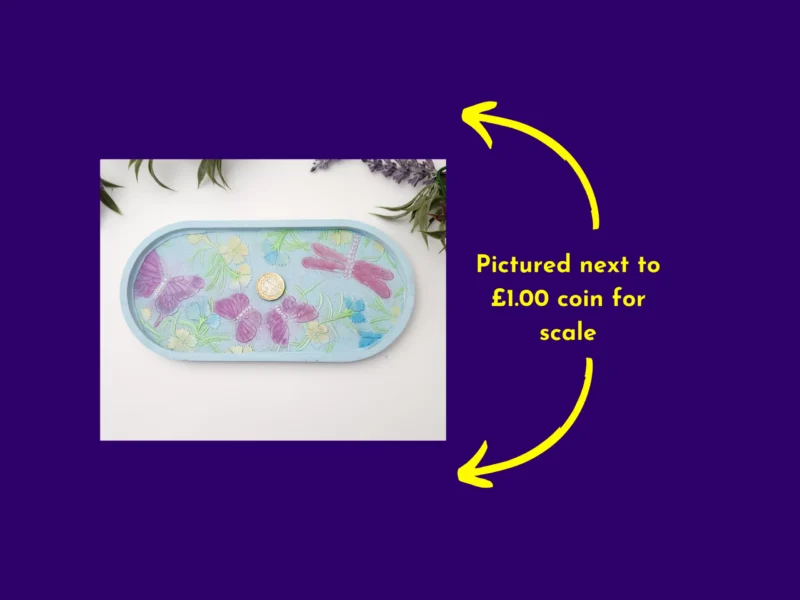 “Pastel dragonfly and butterfly resin trinket tray shown next to a £1 coin for scale.”