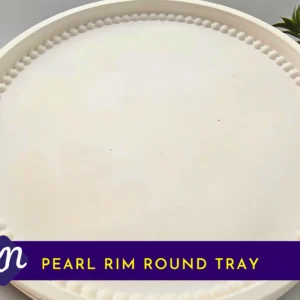 Primary-Listing-Image.webp: White Pearl Rim Round Tray with beaded rim, held in hand with greenery in the background; product title banner on the image.