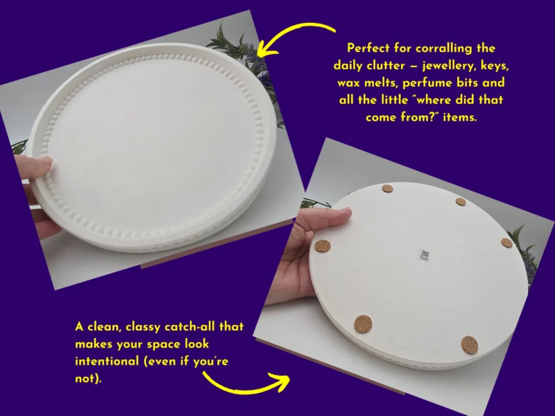 Ideal for” graphic showing the Pearl Rim Round Tray as a catch-all, with photos of the top and underside and text about storing small everyday items.