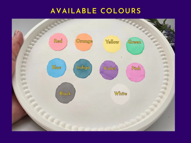Available colours graphic with labelled colour swatches (red, orange, yellow, green, blue, indigo, violet, pink, black, white) displayed on the tray.